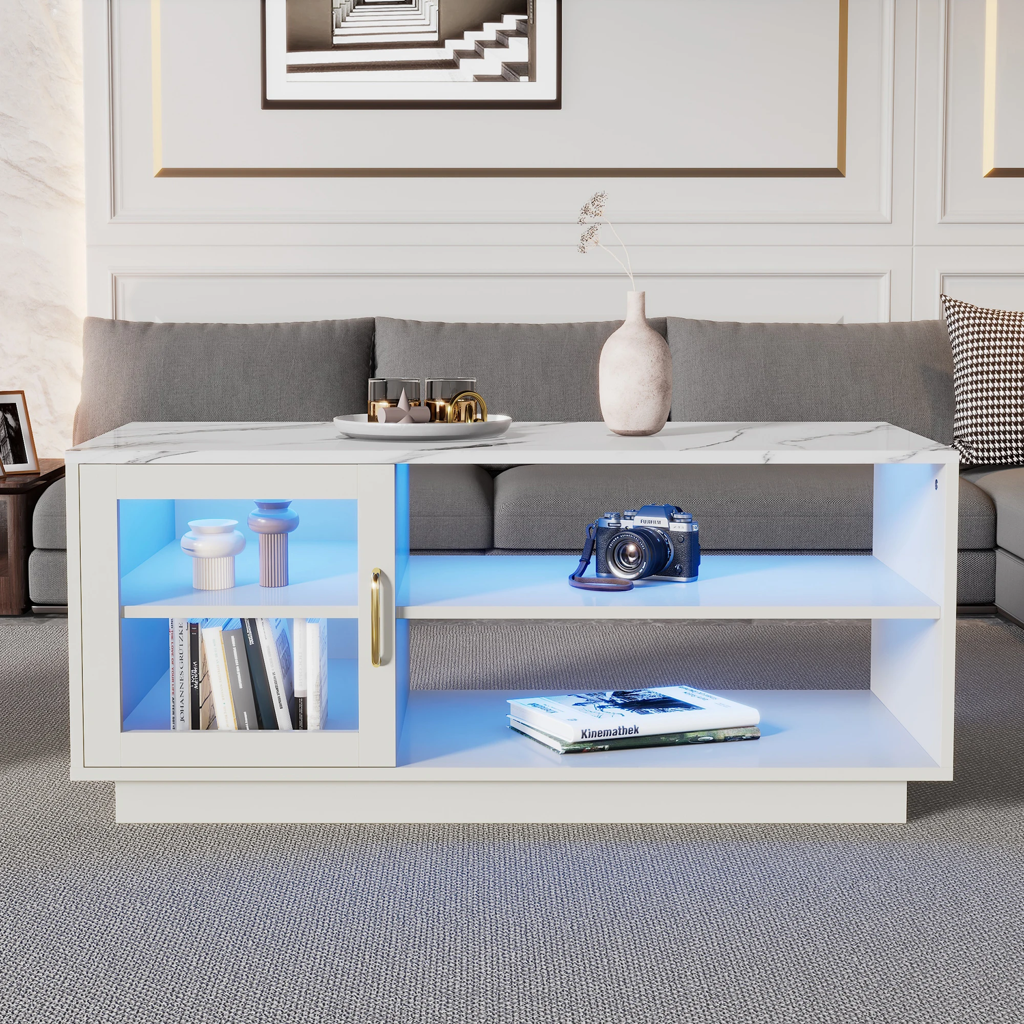 Wohnzimmer-Couchtisch mit LED-Beleuchtung, Hochglanz, Stauraum, Mitteltisch, Weiß