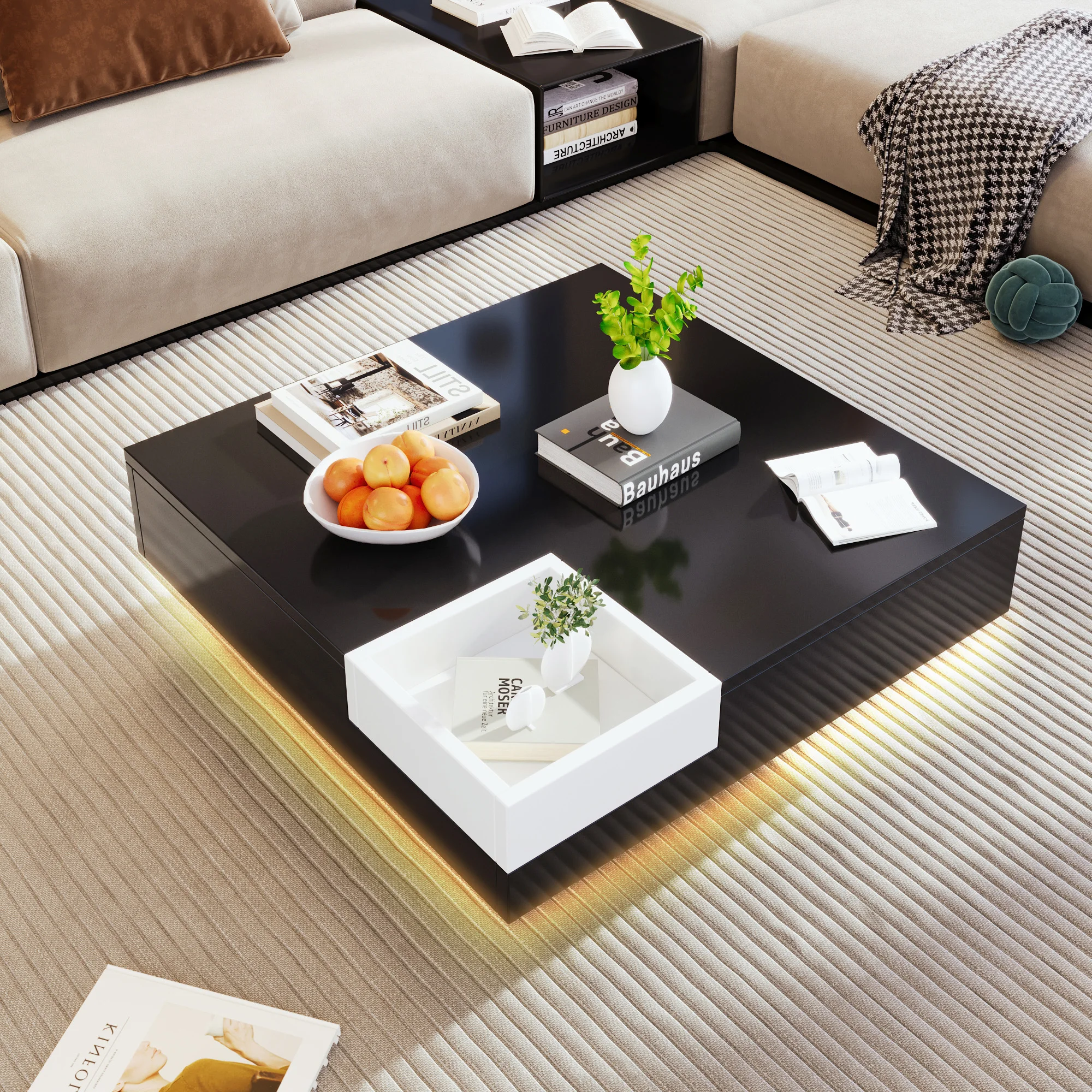 Hochglanz-Couchtisch 72x72x30 cm mit LED-Lichteffekt, Beistelltisch mit abnehmbarer Aufbewahrungsbox