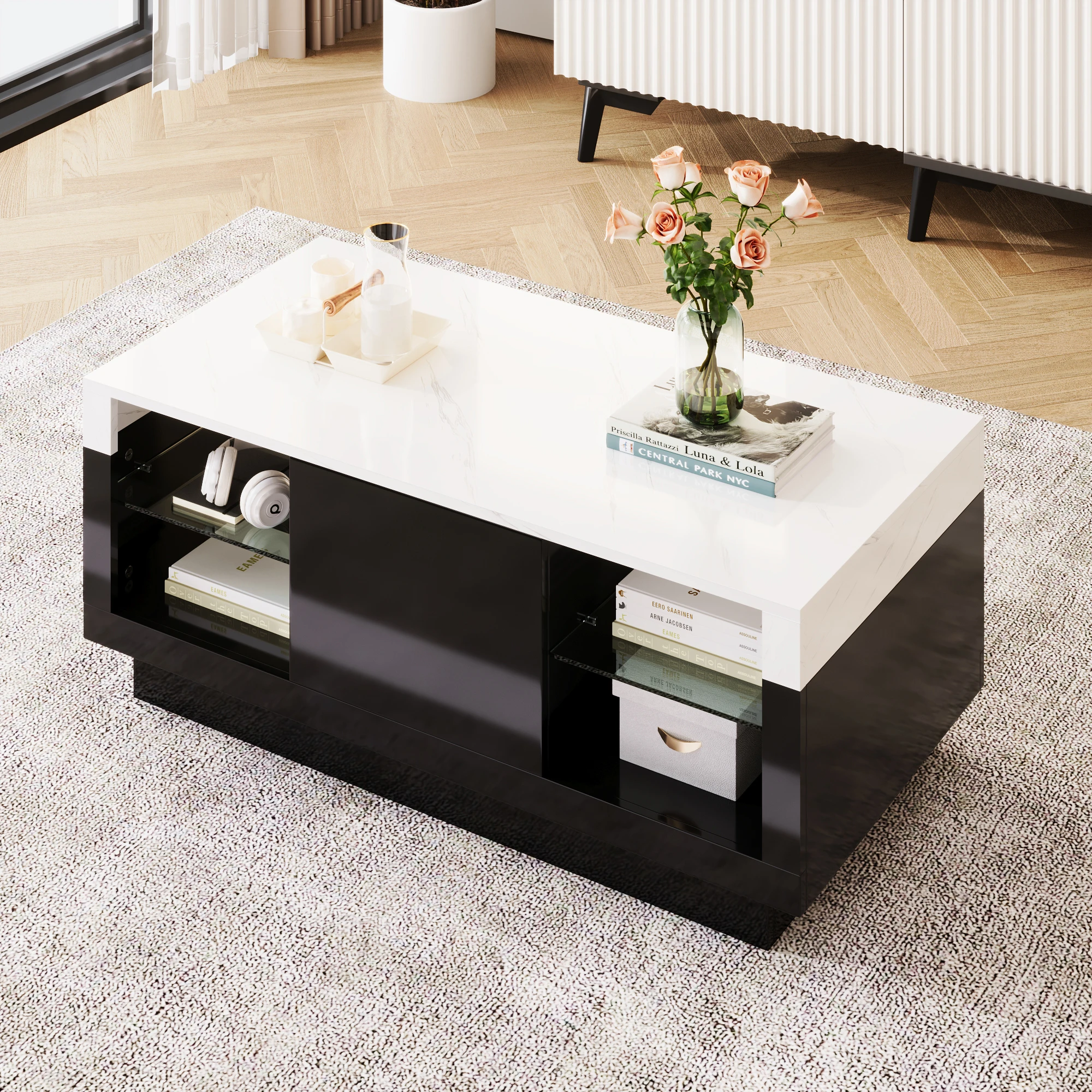 Weiß-schwarzer Couchtisch, Hochglanz, Marmoreffekt, mit Glas und LED-Beleuchtung, stilvolles Design