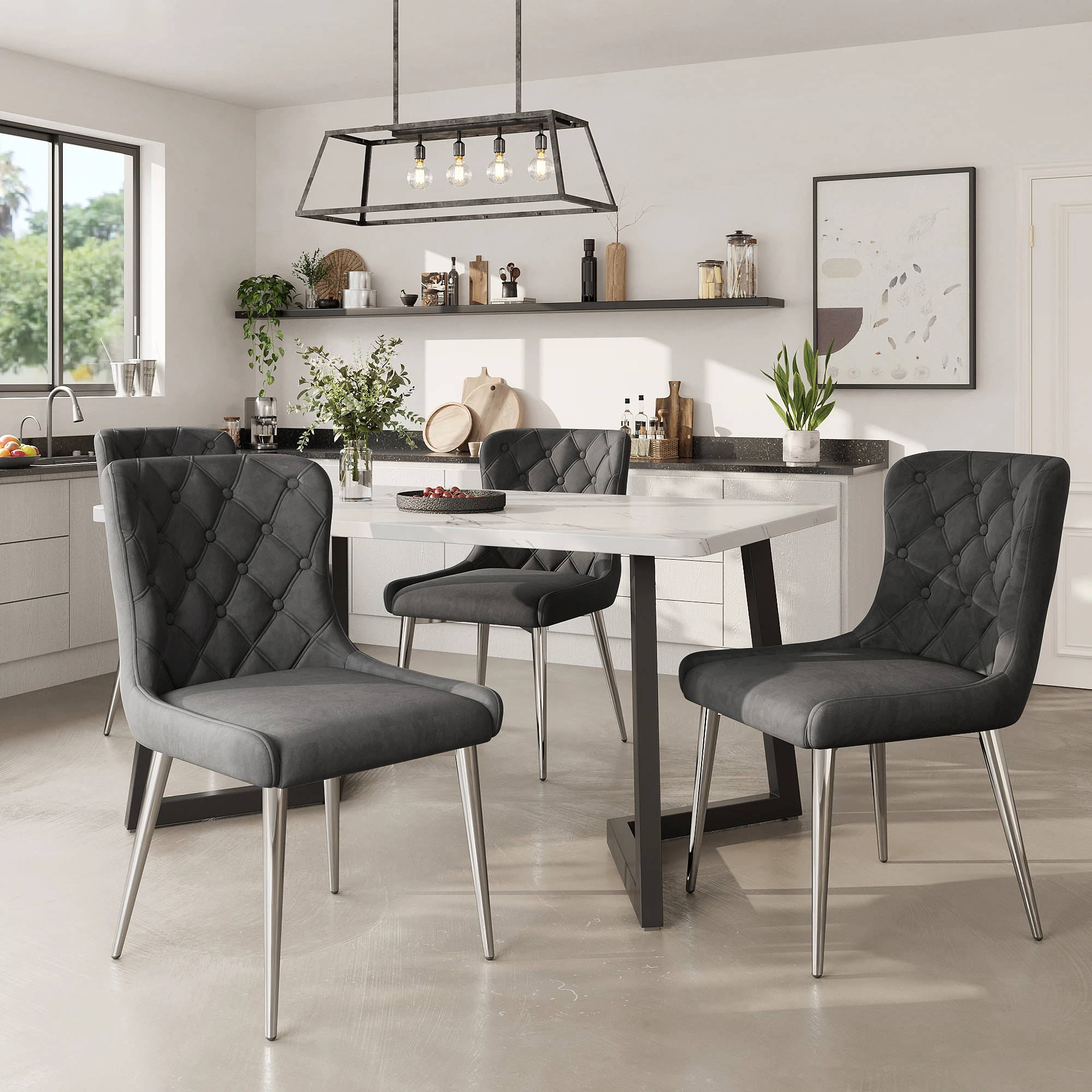 Essgruppe (5-tlg) 117x68 cm Esstisch mit 4 Stühlen, Küchentisch Set, Stuhlbeine aus Edelstahl,