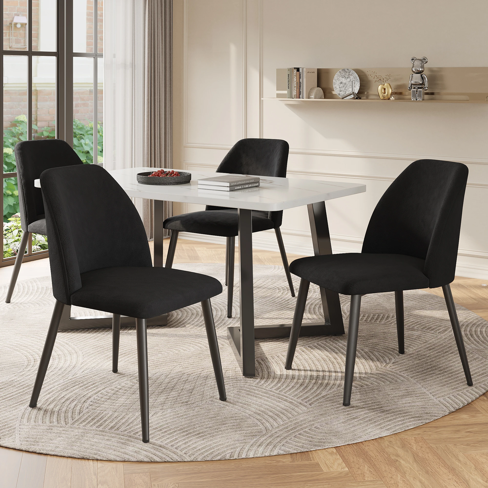 5-tlg Essgruppe, 117x68 cm Esstisch mit 4 Stühlen, Marmormuster Küchentisch, Stuhl mit schwarzen