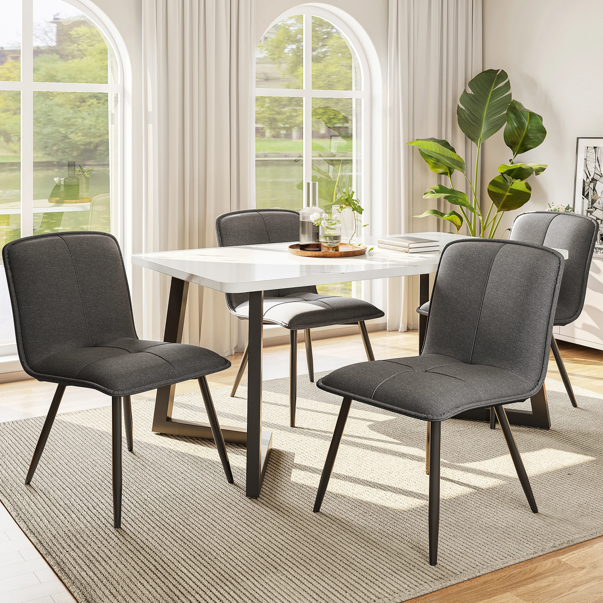 Essgruppe (5-tlg) 117x68 cm mit grauem Leinen-Esszimmerstuhl und schwarzen Tischbeinen, moderner
