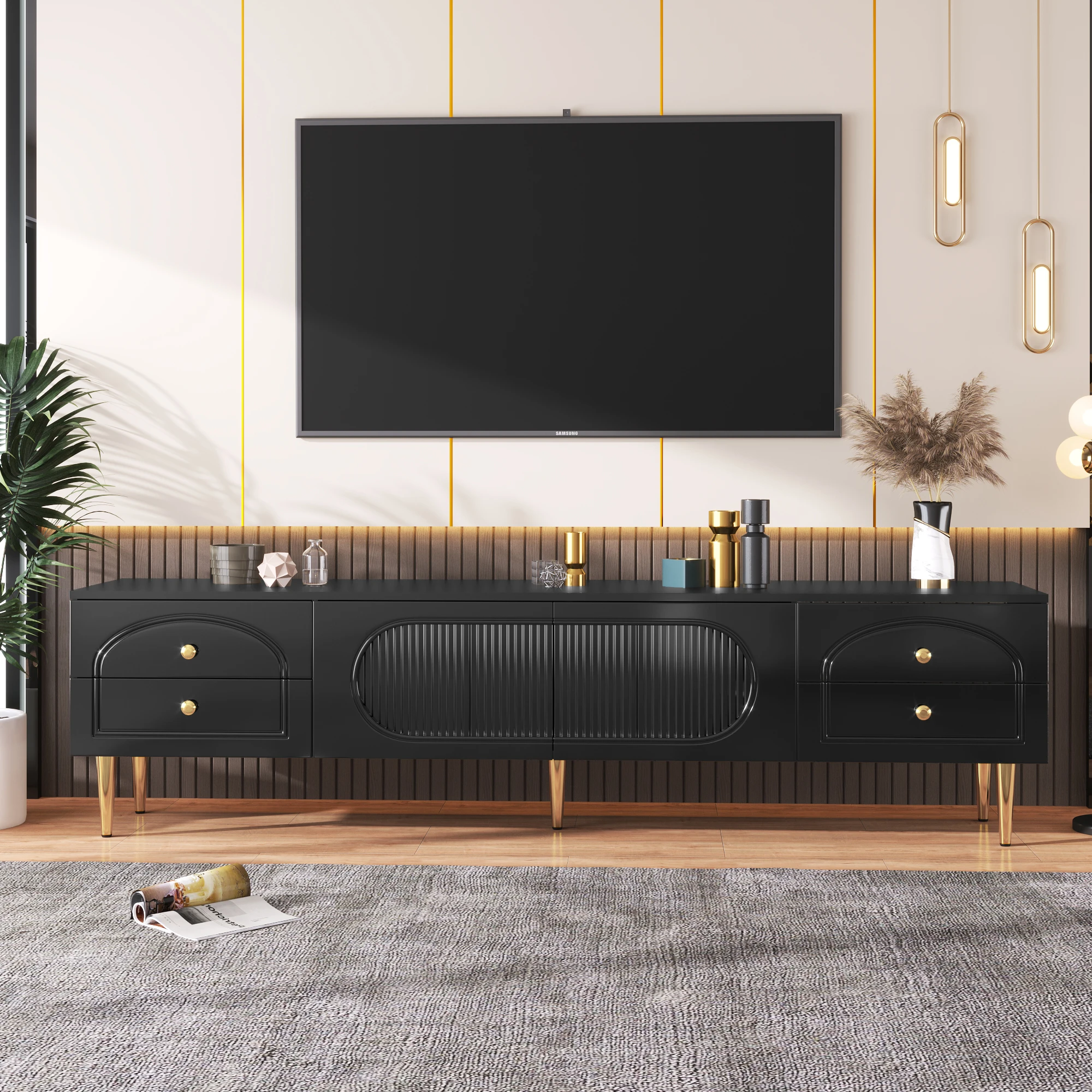 Lowboard-TV-Schrank für Wohnzimmer, Glasfront, strukturierten Schubladen, stilvolles Design