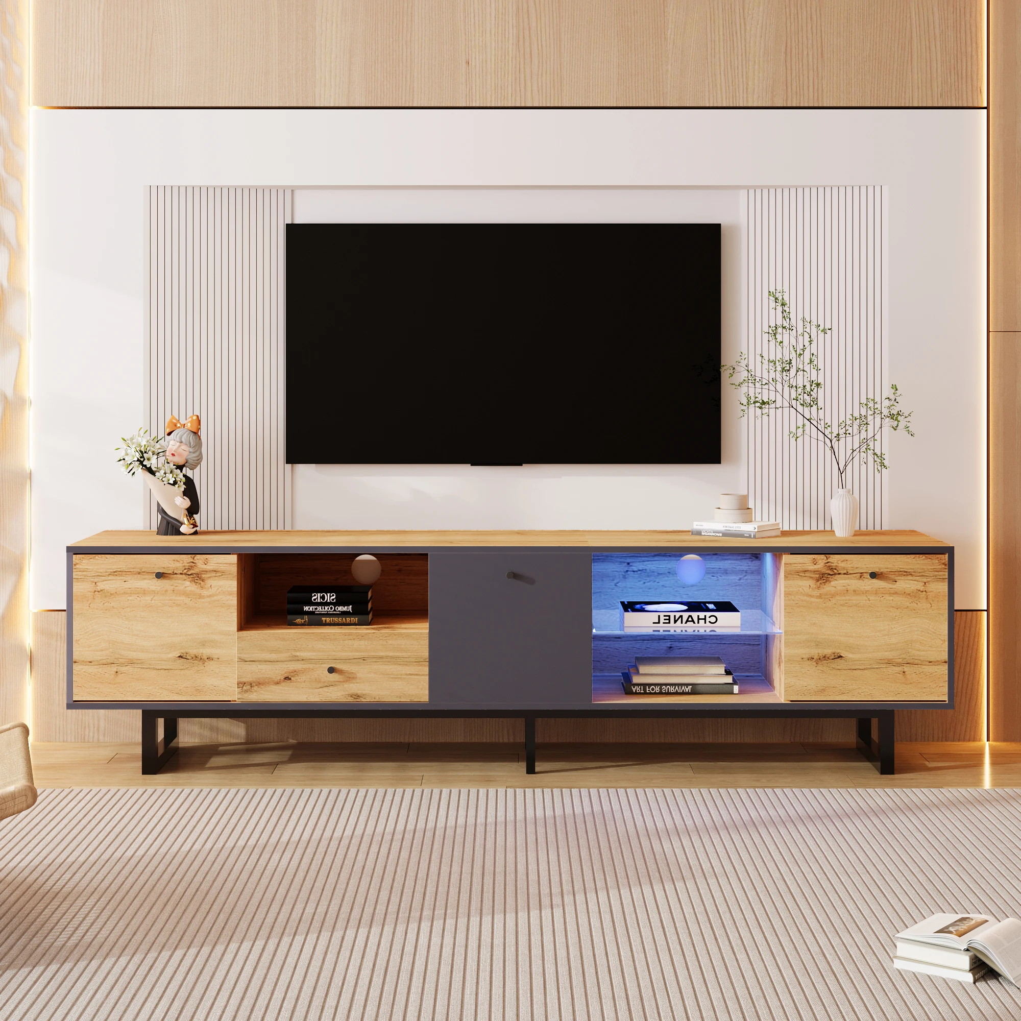 Lowboard TV-Schrank für Wohnzimmer mit LED-Licht und Glastrennwand, modernes Design, Pufferscharnier