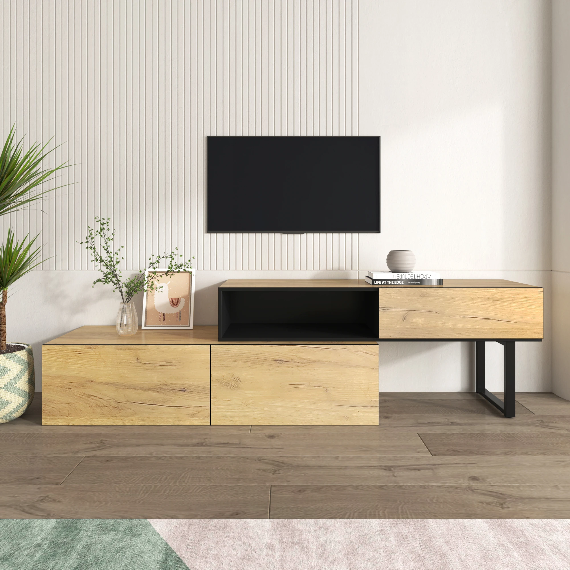 Verstellbare TV-Schrankkombination, Wohnzimmermöbel mit drei Schubladen und großem Fach, flexibel