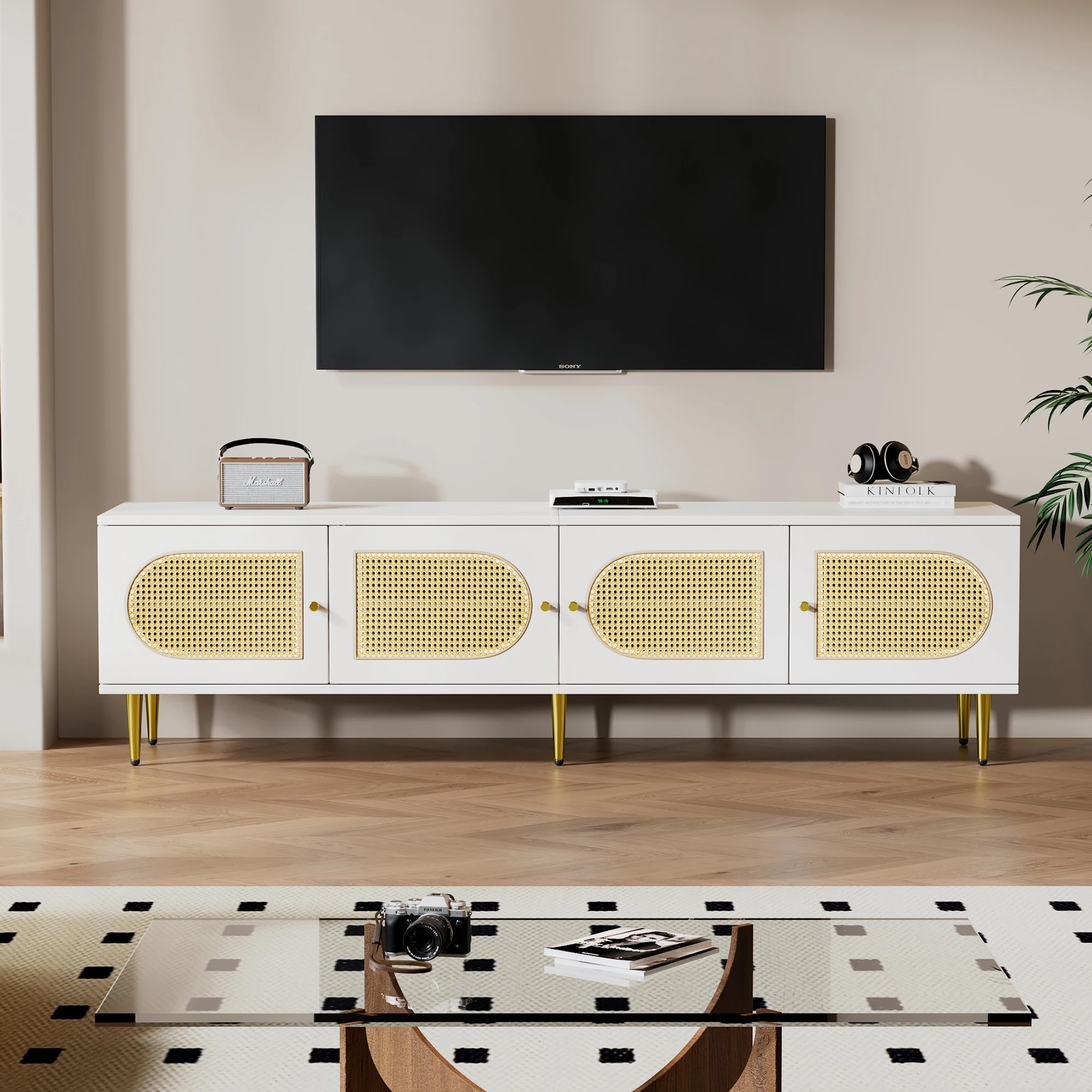 Weißer Rattan-TV-Schrank 180x40x50 cm, 4 Rattantüren, verstellbare Regale, Kabelmanagement, für