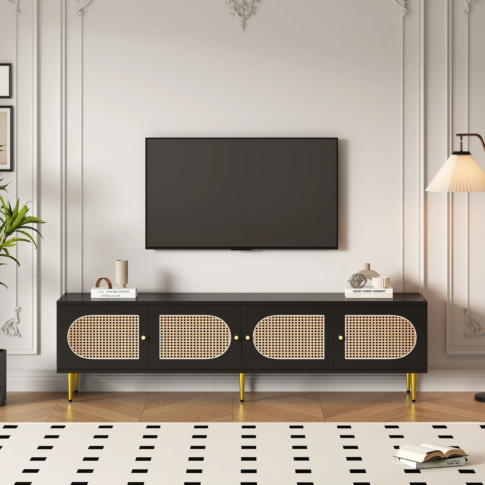 Schwarzer Rattan-TV-Schrank 180x40x50 cm, 4 Rattantüren, verstellbare Regale und Kabelmanagement,