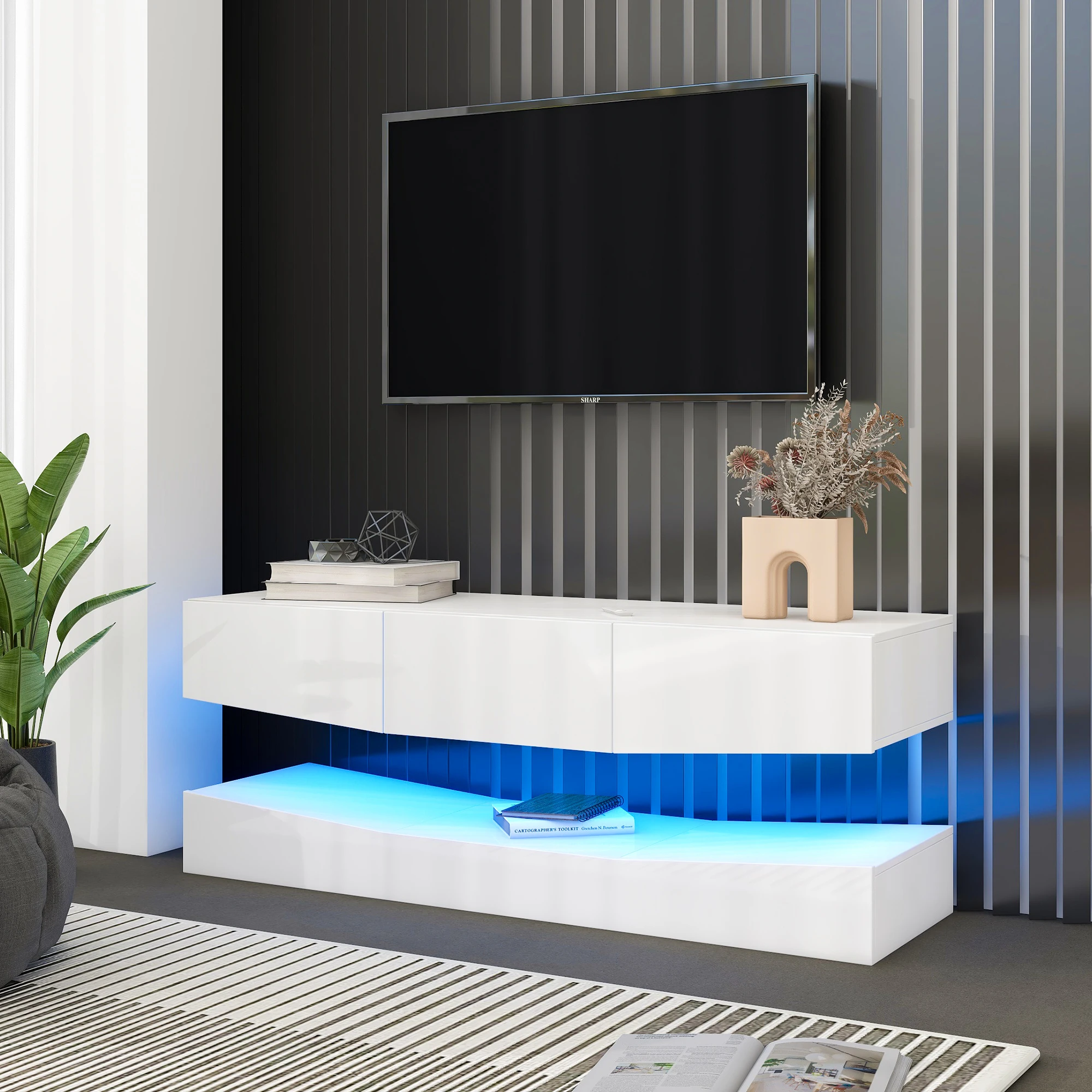 TV Board hängend, Weiß Hochglanz, Mit LED-Beleuchtung, Wandmontage, Medienkonsole für Wohnzimmer,