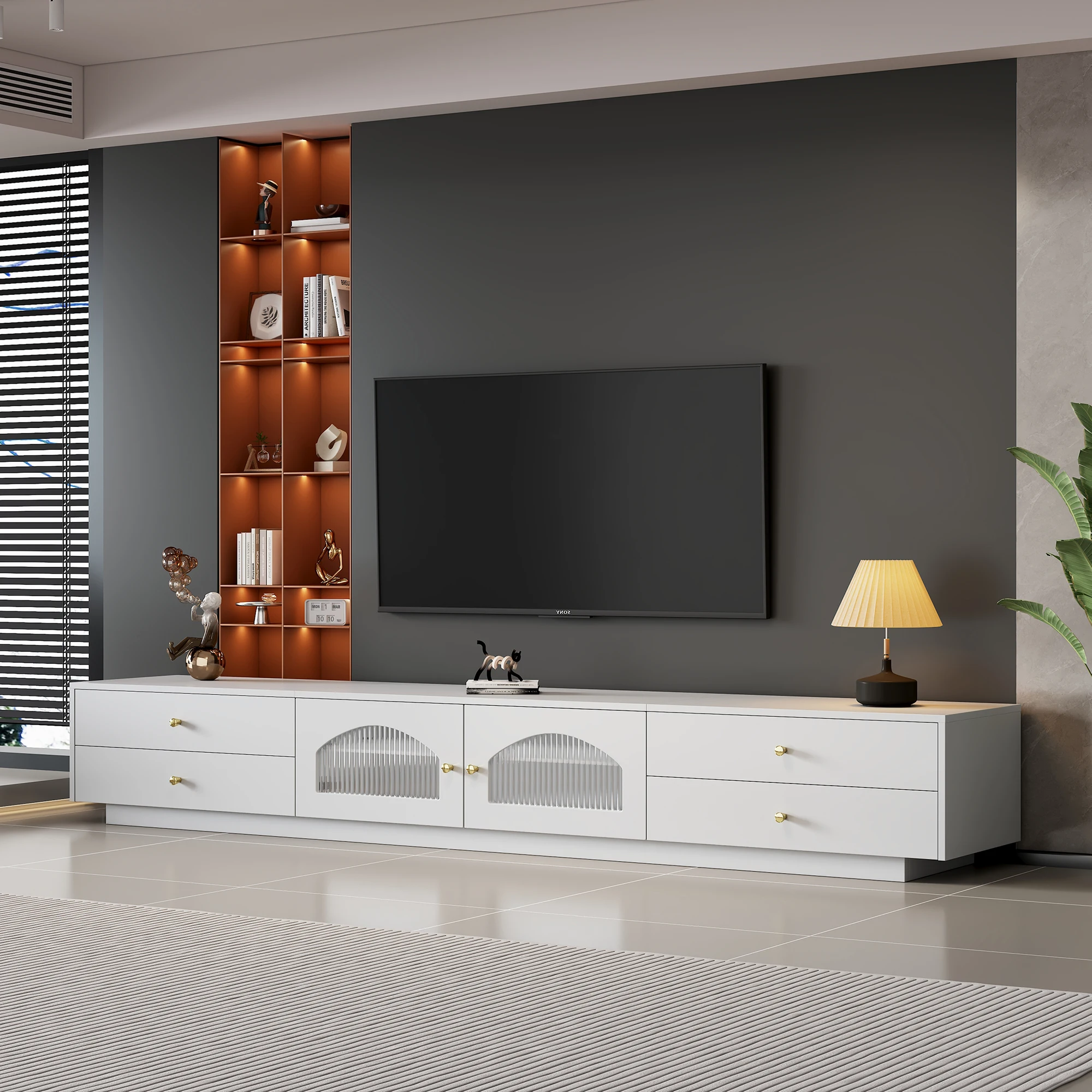 Weißer TV-Schrank 220x40x33 cm mit 4 Schubladen und 2 Glastüren, für 90-Zoll-TV, Glasfach