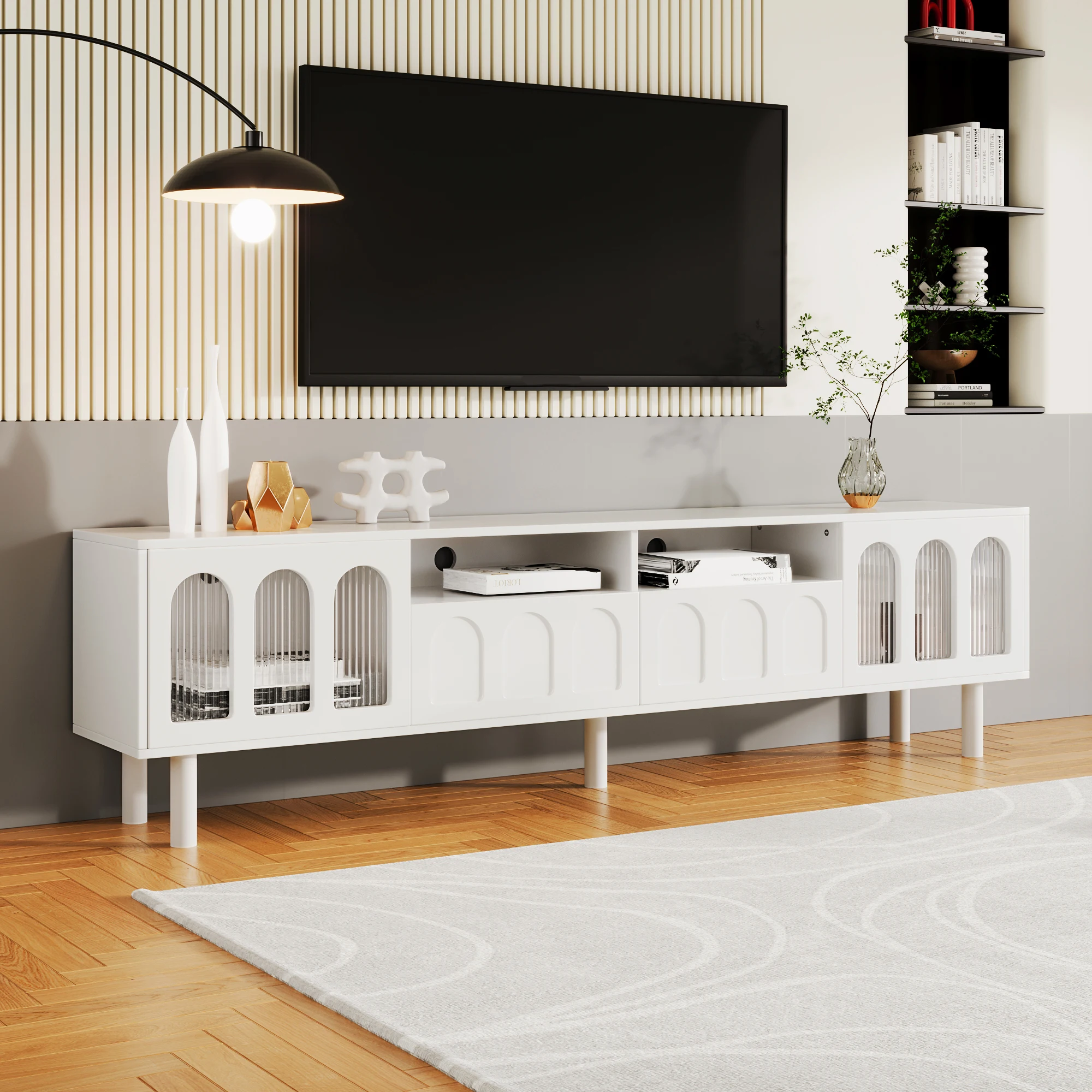 TV-Schrank mit Glastür, Lowboard mit Schubladen, gewölbtes Design