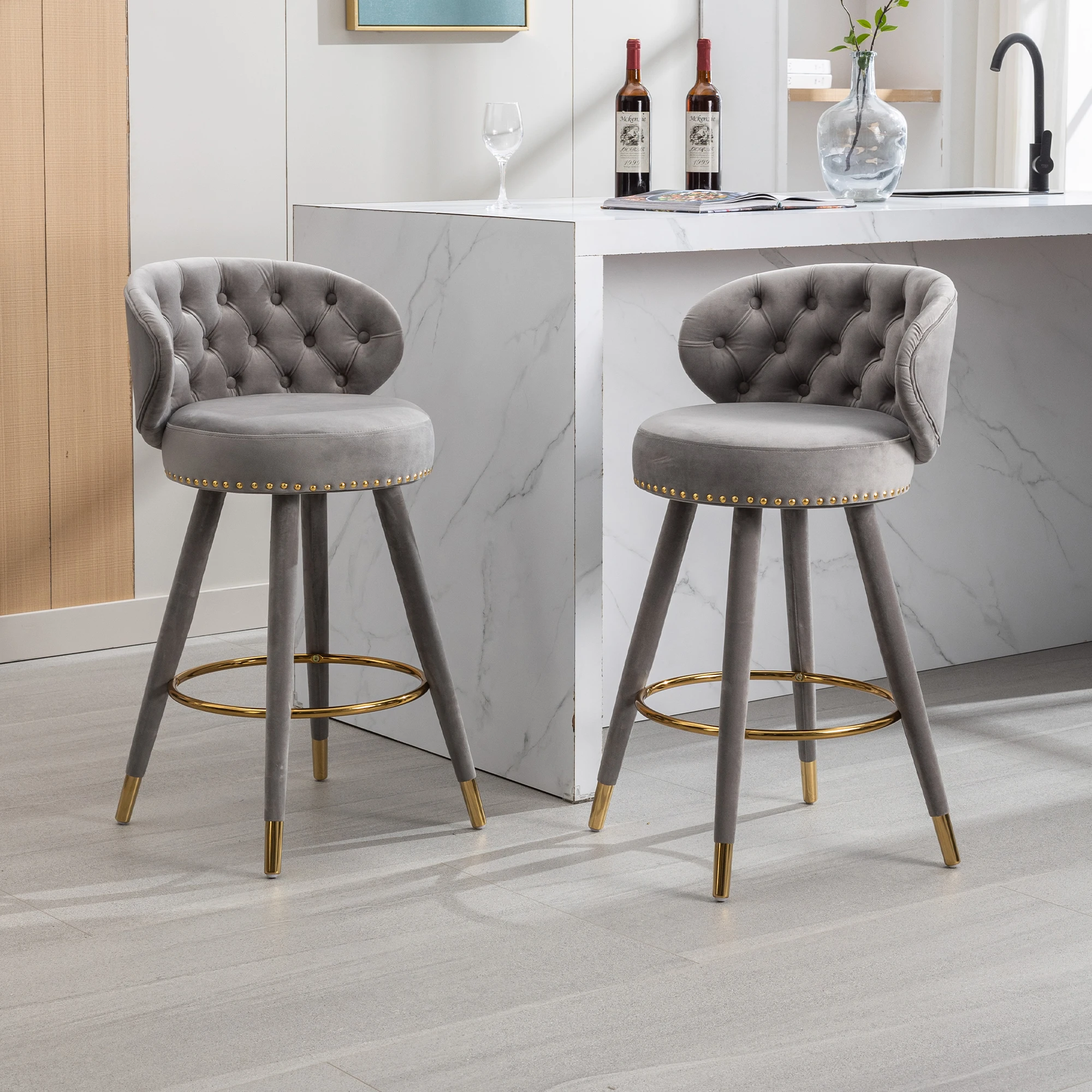VSOGA Samt Barhocker Set, 360° Drehbar, Holzbein, Gepolsterte Barstühle für
