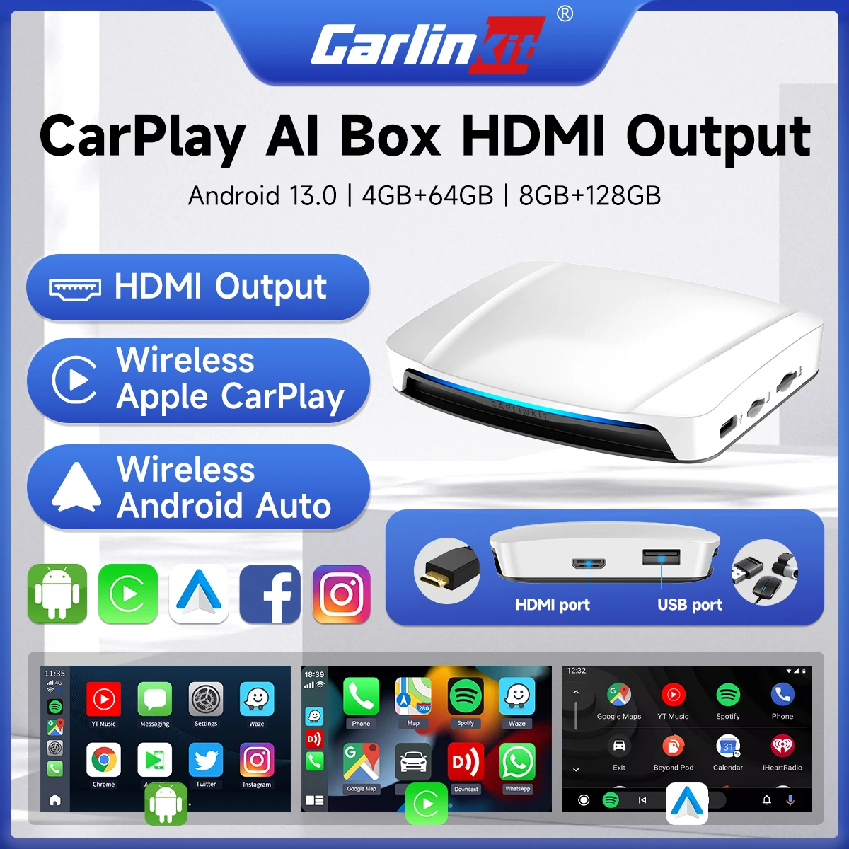 HDMI CarlinKit 8G + 128G CarPlay Ai Box Android 13.0 Kabelloses Android Auto CarPlay SM6225 Qualcomm