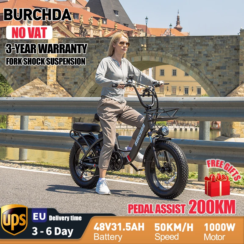 BURCHDA-U8 E-Bike-Fett reifen für Erwachsene, Mountainbike, Snowbike, 1000 w48v, 31,5 Ah, Lithium