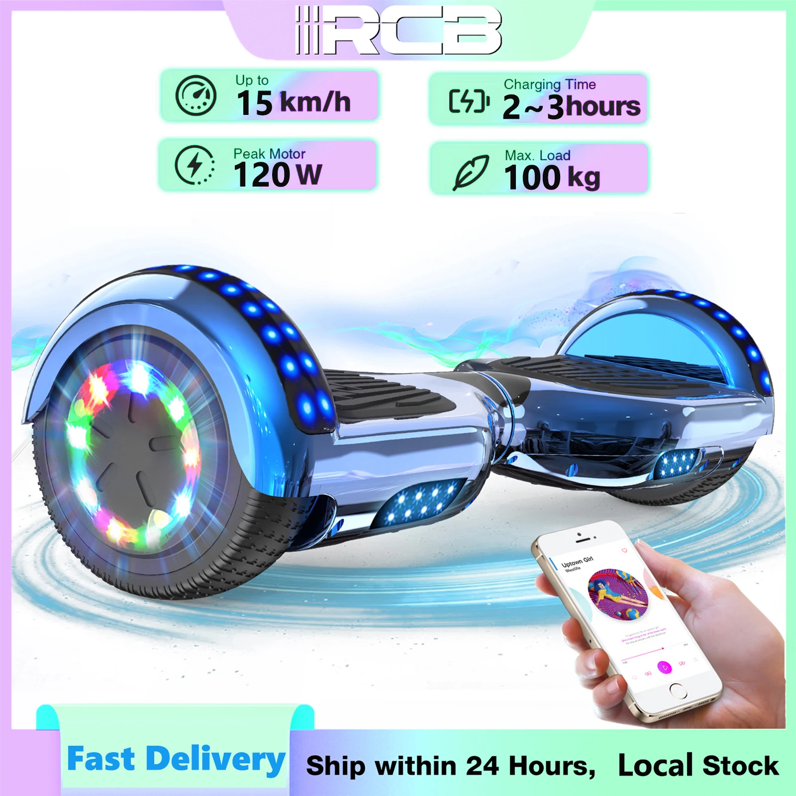 RCB hoverboard, 6,5 inch tweewielige hoverboard met Bluetooth-luidspreker met LED-licht,