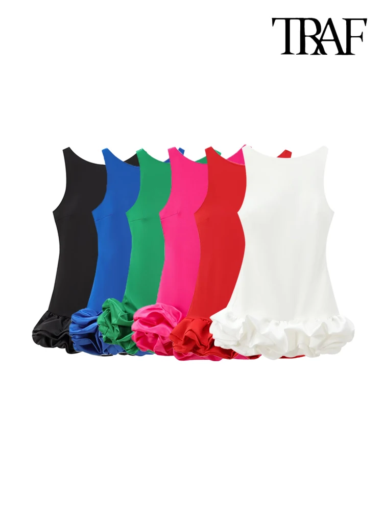 TRZA-Women's Patchwork Voluminous Mini Dress, O-Neck, Backless With Zipper, Female Dresses, Sexy