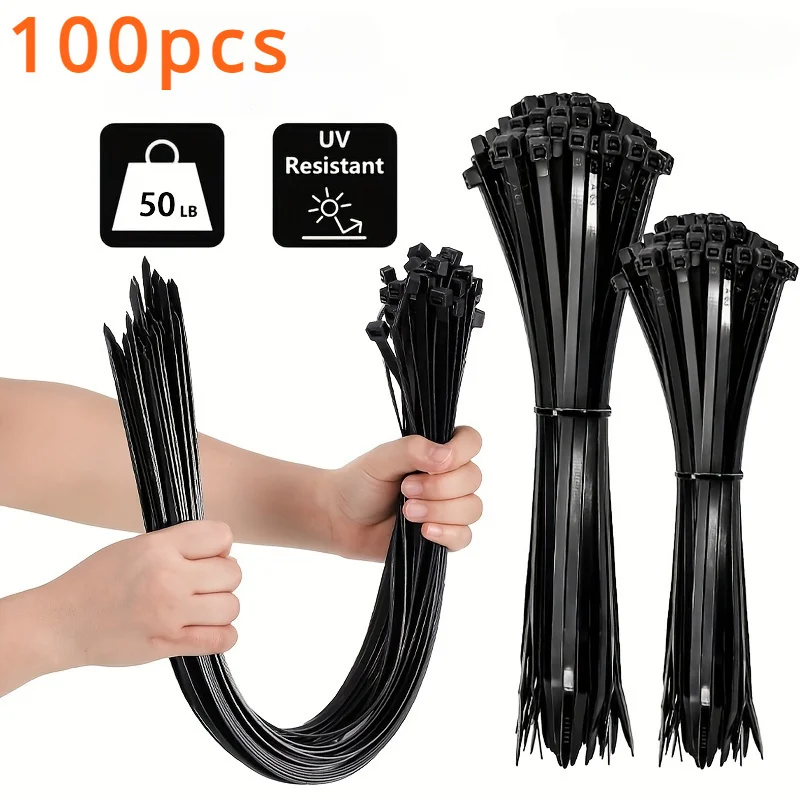 100pcs Black Cable Ties High Tensile Strength, Uv Resistant, Self-Locking For Home & Office Cord