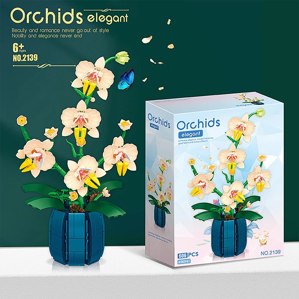 Building Blocks Orchid Flowers Bouquet Flower Blocks Bonsai Plant Model Bricks Romantic DIY Home