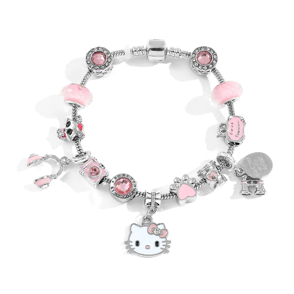 Sanrio Hello Kitty Crystal Beads Bracelet Pink Cat Claws Pendant Fashion Y2K Bangle for Women DIY
