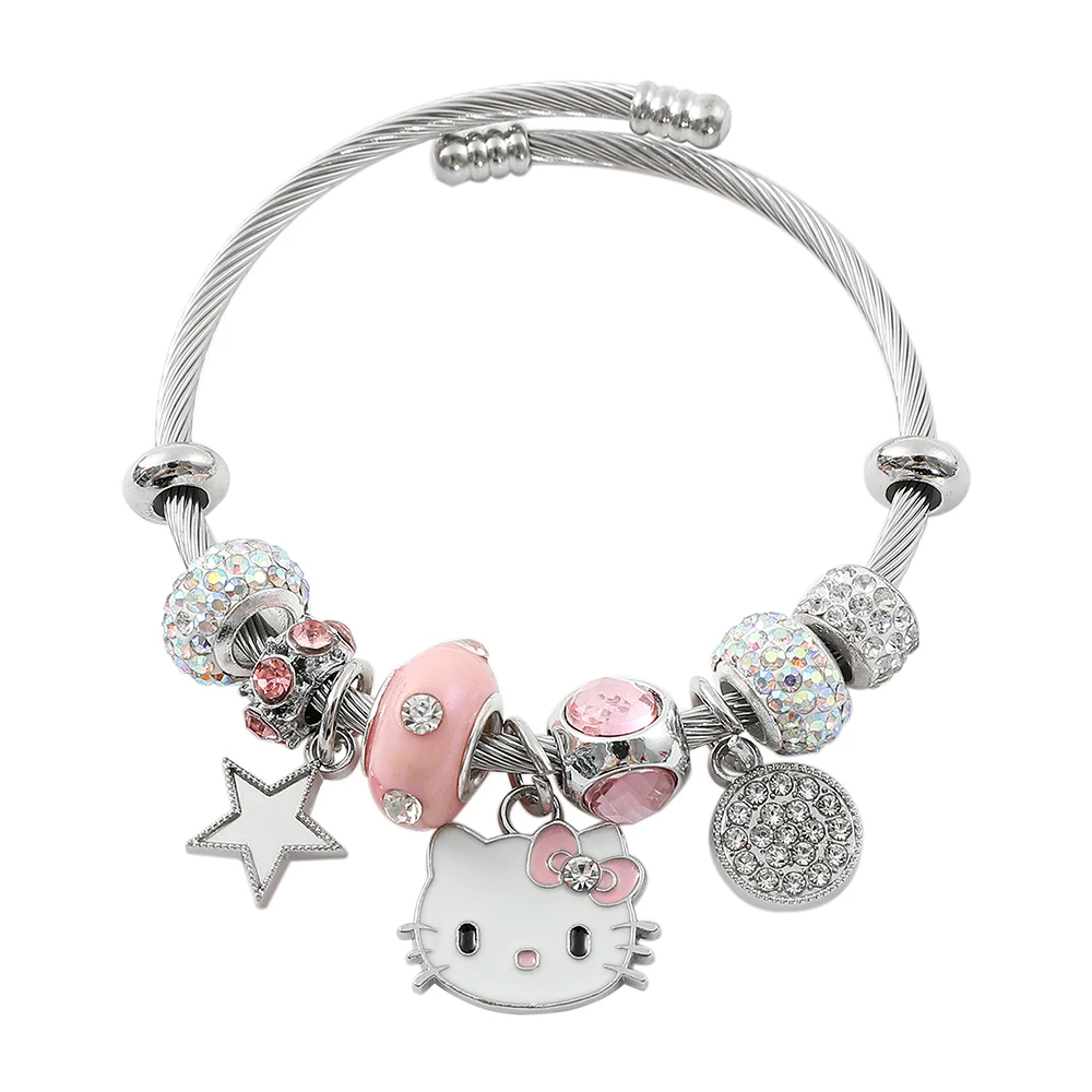 Hello Kitty Beaded Pendant Bracelet, Anime Cartoon Jewelry, Silver Color, Suitable for Girls Gift