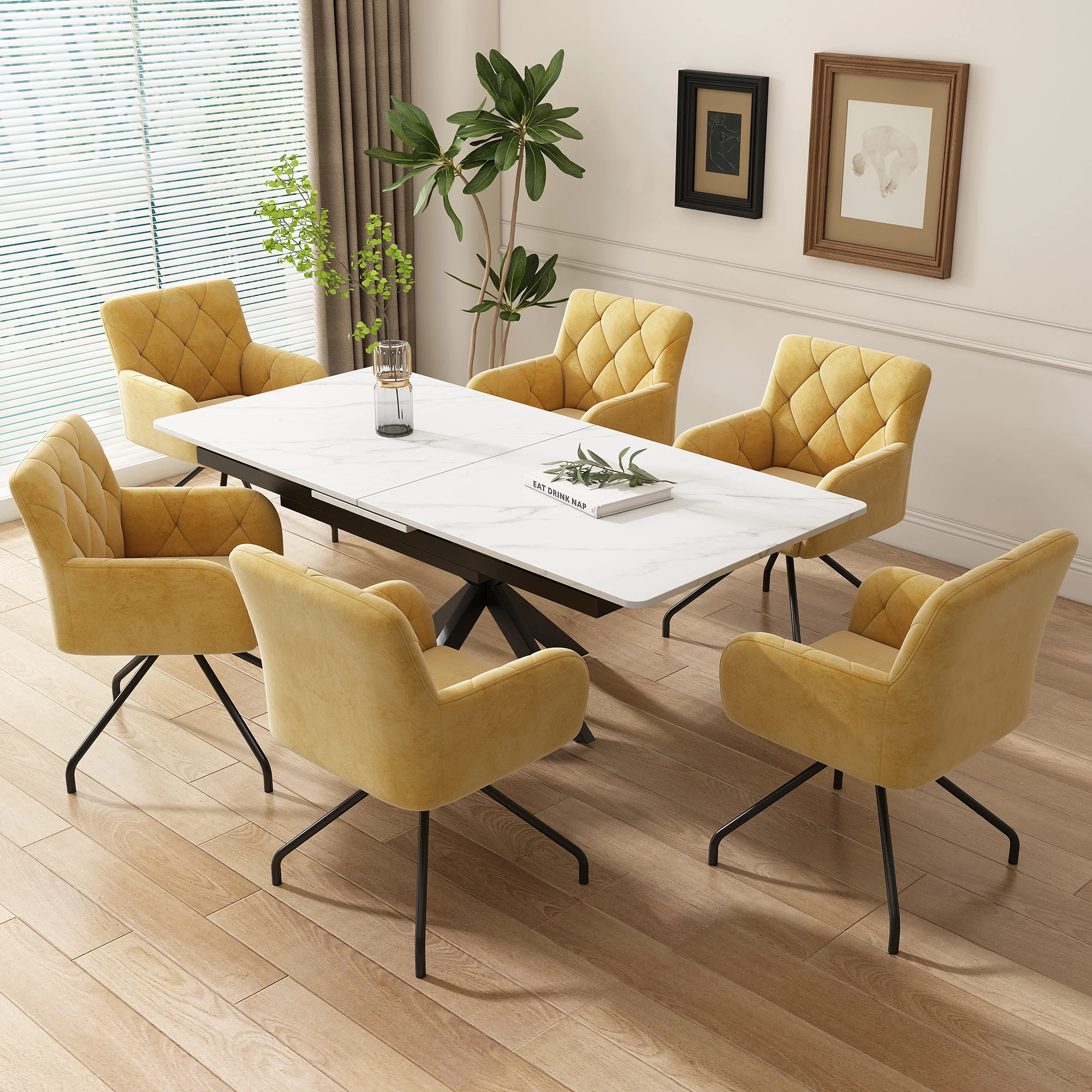 6er Set Esszimmerstühle mit Rautenmuster,Gepolsterter Sessel mit 4 Metallbeinen,Moderner