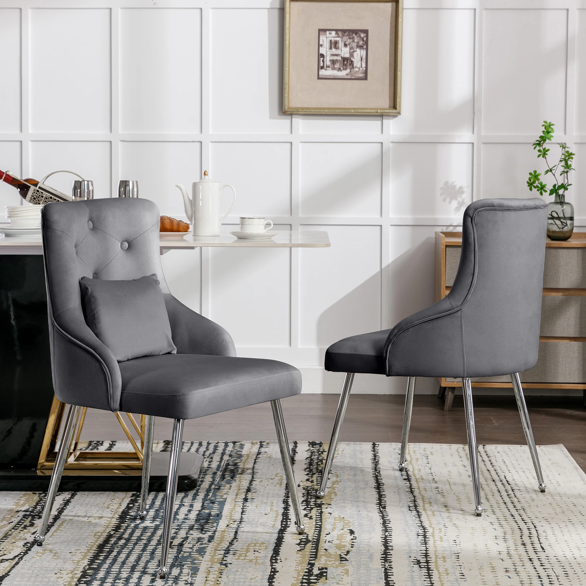 2er Set Esszimmerstuhl mit Knopfmuster, Gepolsterter Sessel, Stühle mit Metallbeinen, Moderner