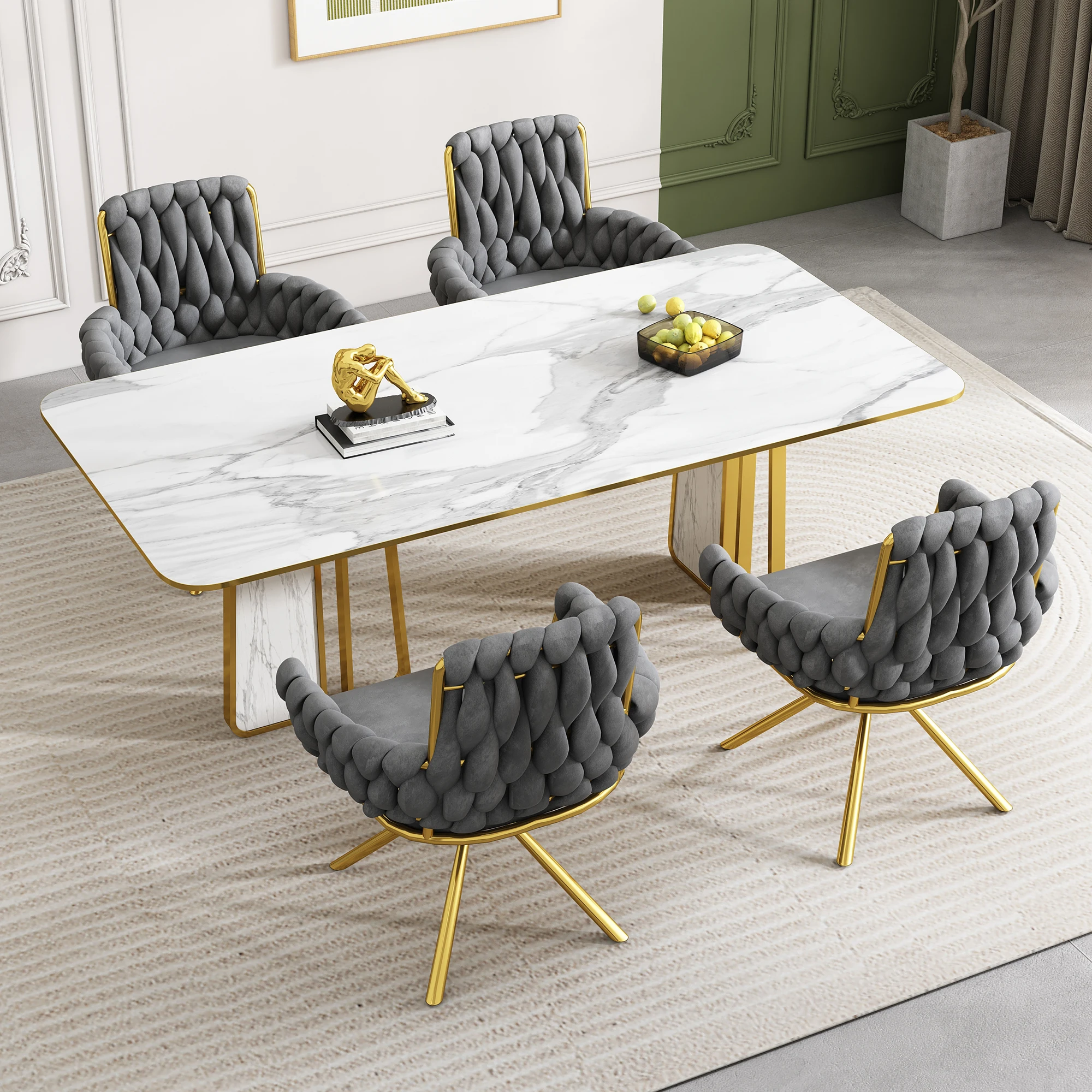 Samt-Esszimmerstuhl, 4er set, Sessel, einzelner luxuriöser Wohn- und Schlafzimmer-Drehstuhl,