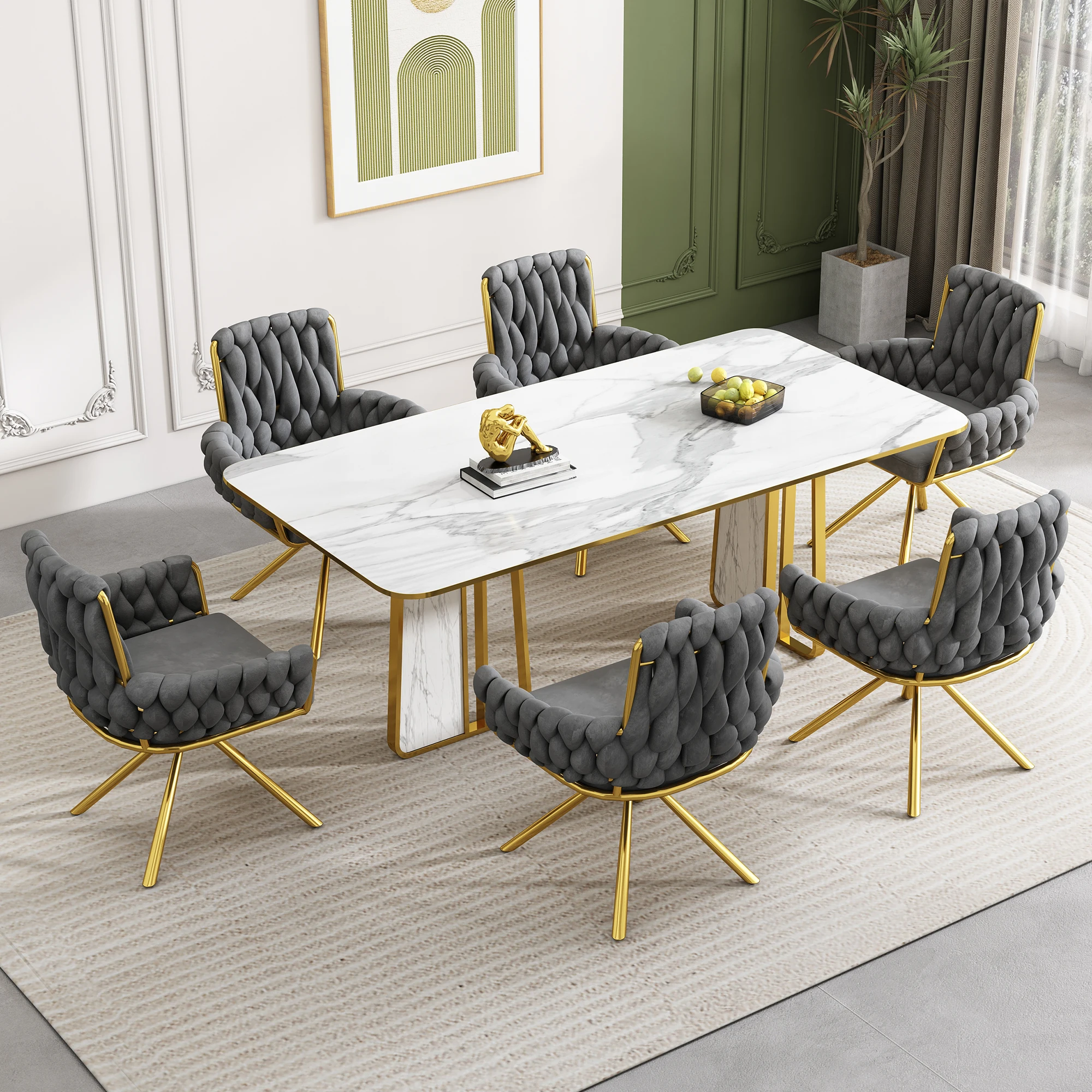 Samt-Esszimmerstuhl, 6er set, Sessel, einzelner luxuriöser Wohn- und Schlafzimmer-Drehstuhl,