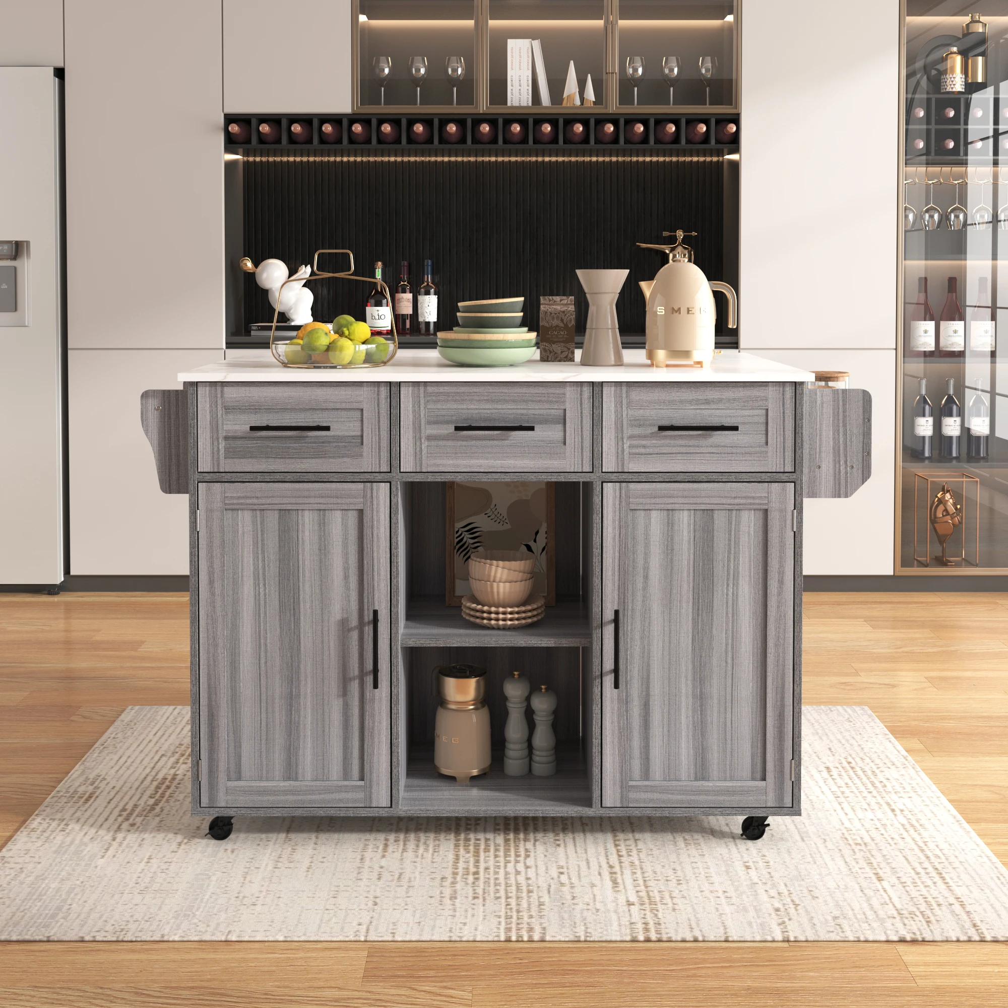 139x46(71)x91.5 cm großer Servierwagen/Beistellschrank, graues Massivholz-Furnier für den Korpus +