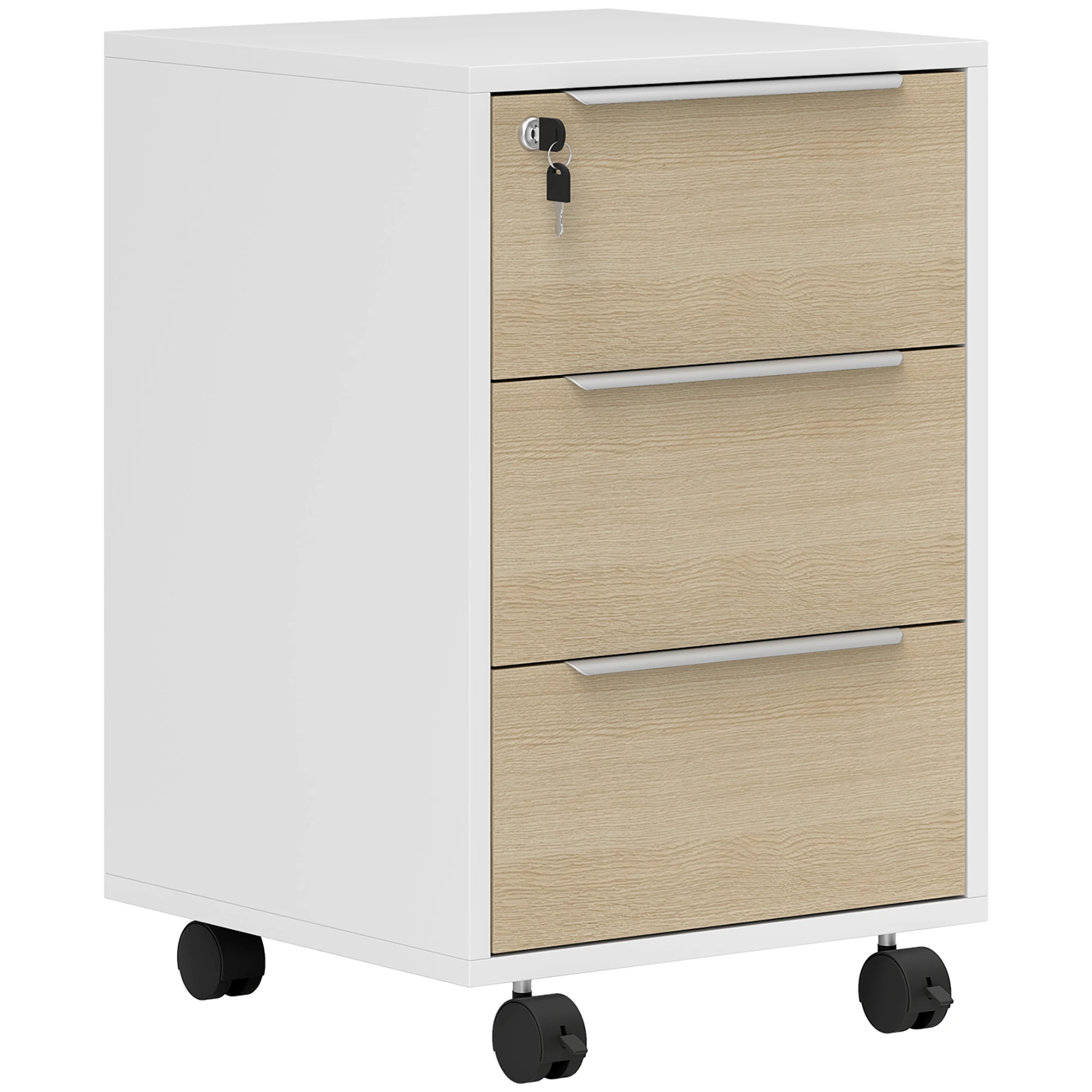 Homcom Büro Schubladen schrank mit Rädern 3 Schubladen 40x40x63,5 cm Weiß und Eiche