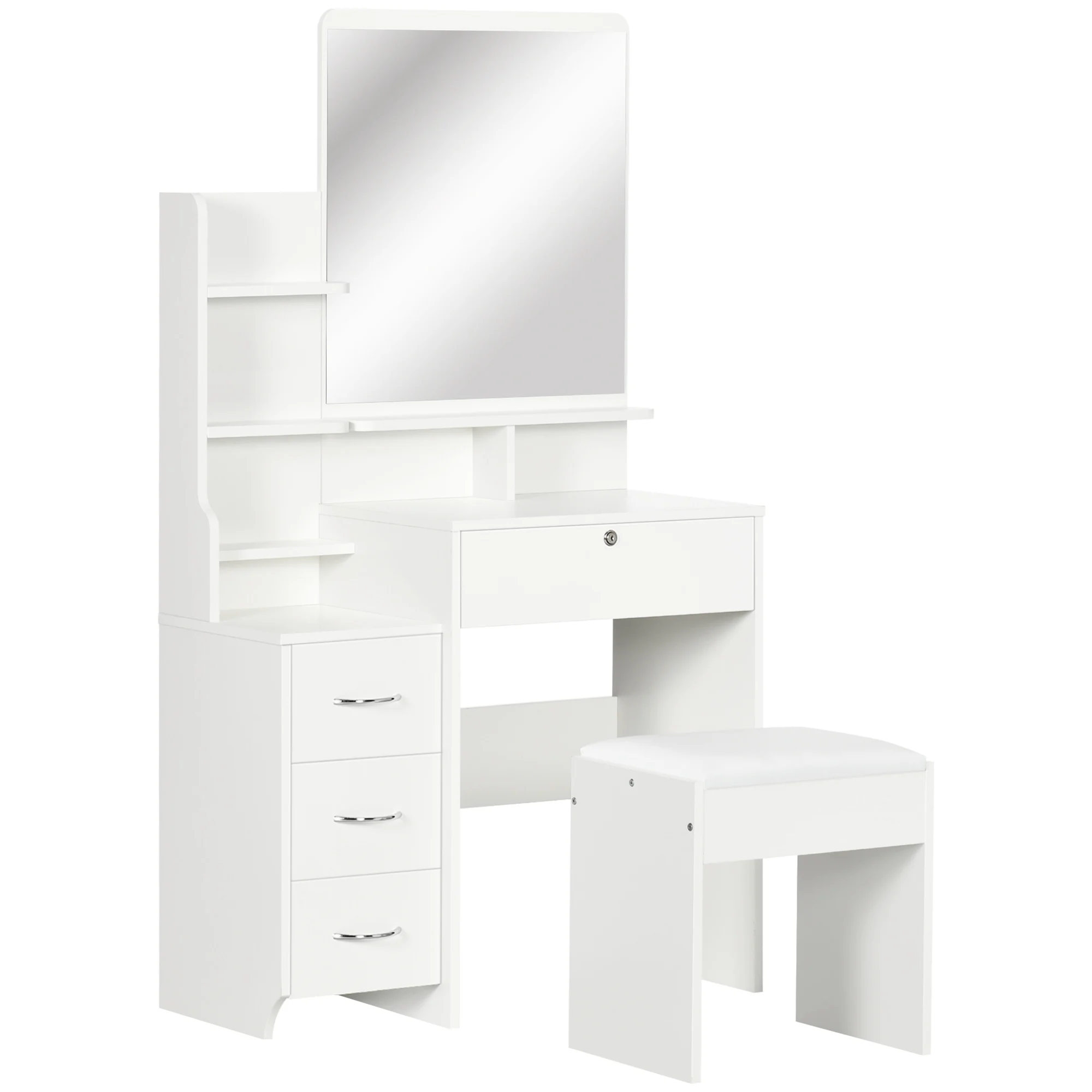 Homcom Make-up Kommode mit Spiegel hocker 4 Schubladen 80x38x143 cm weiß