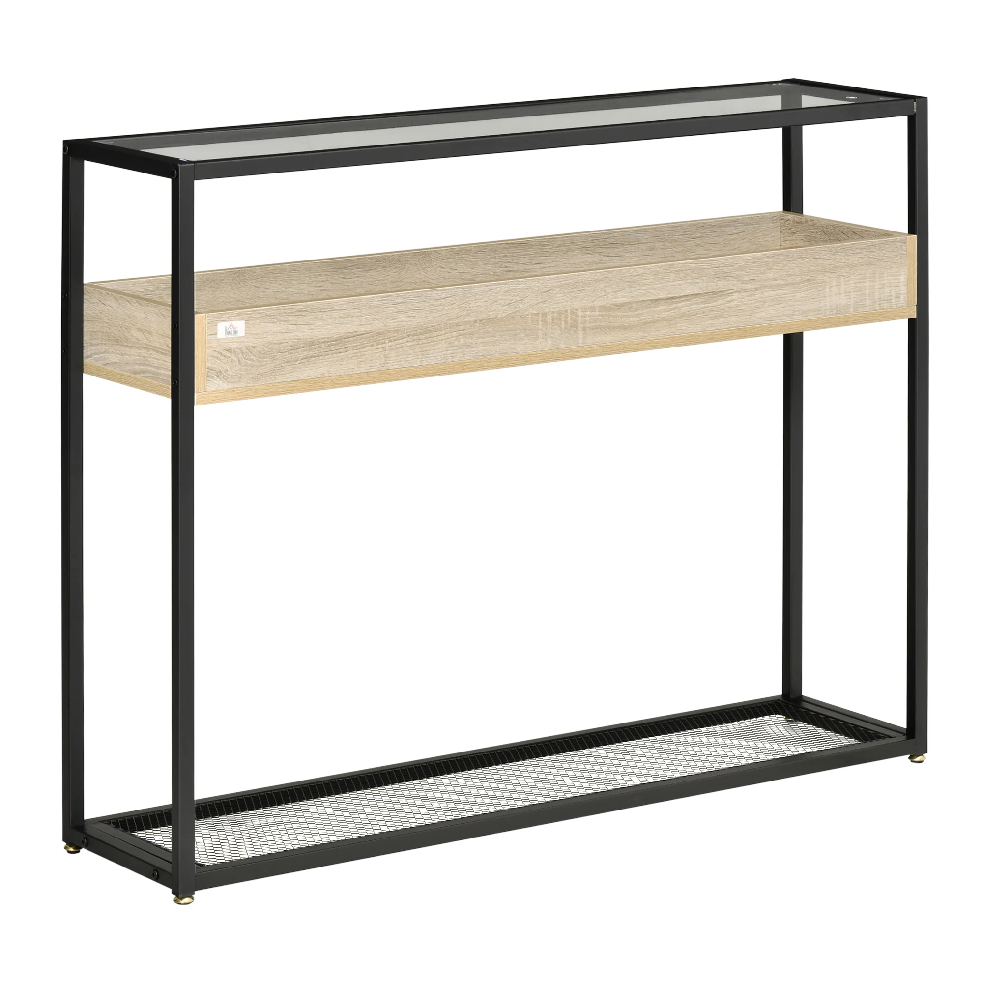 Homcom Konsolen tisch Eingang 108x28x85 cm mit Glas Arbeits platte schwarz Regale