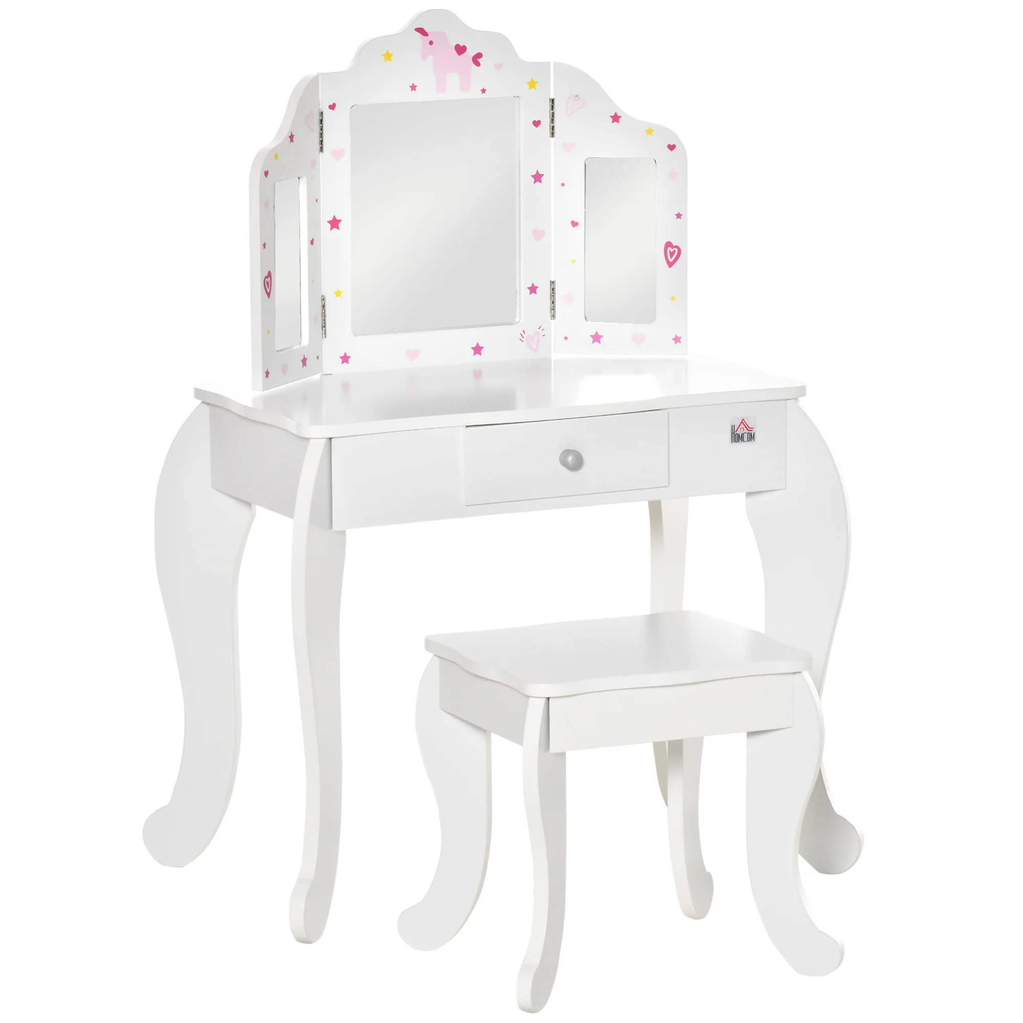 Homcom Holz Kinder Schmink tisch mit Hocker Spiegel Schublade Tisch Make-up rosa