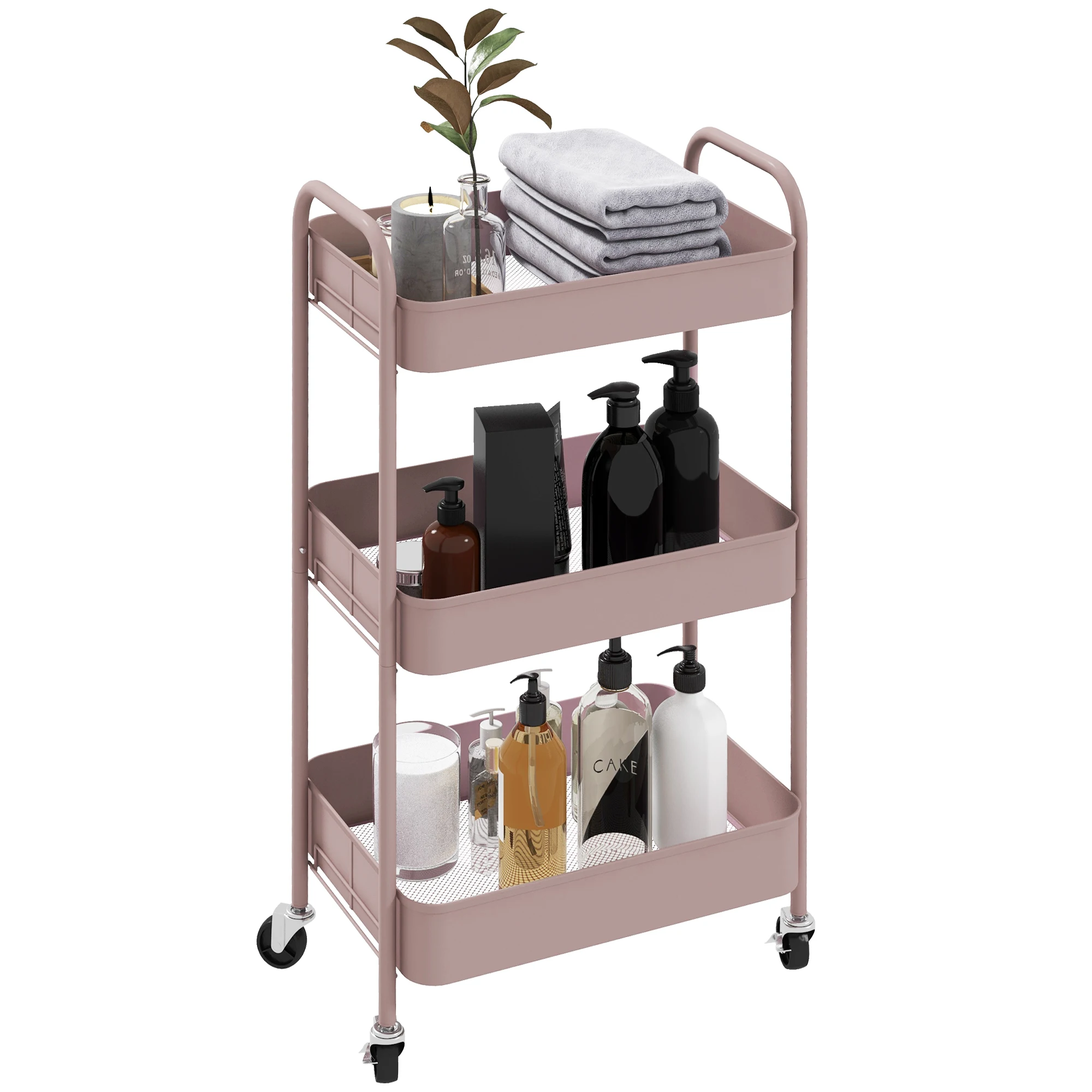 Homcom 3 Körbe 45x30,6x79 cm rosa Rad Hilfs wagen