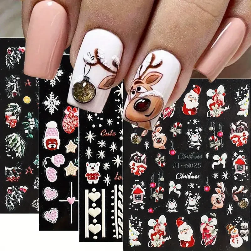 2024 Nieuwe Kerst Nail Stickers 5D Relief Winter Sneeuwvlok Beer Nail Sticker voor Vrouwen en Meisje