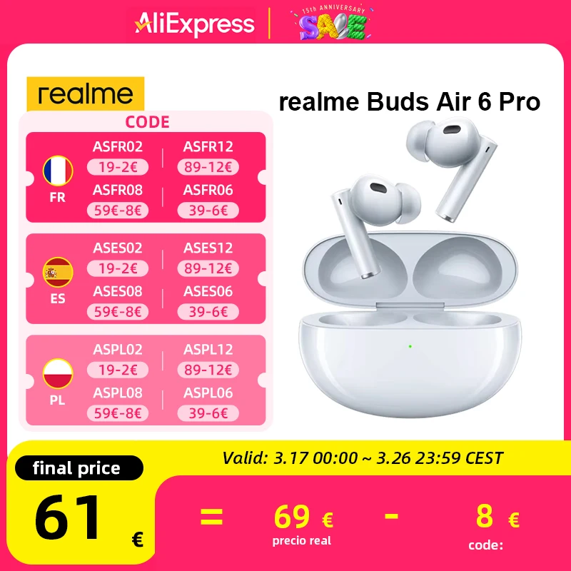 Wereldwijde versie realme Buds Air 6 Pro draadloze oortelefoon 50dB actieve ruisonderdrukking tot 40