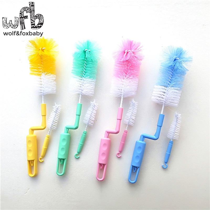 Retail One Big+One Small 2 Pieces/pack Hand Baby Bottle Brushes Clean Brushes For Kids 360 rotate Plastic Nylon Steel