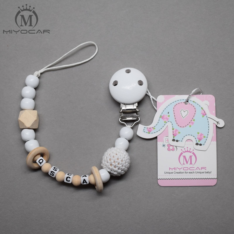 MIYOCAR Personalised -Any name sliver wood clip with sliver wooden ring wood bead dummy clip holder pacifier clips soother chain
