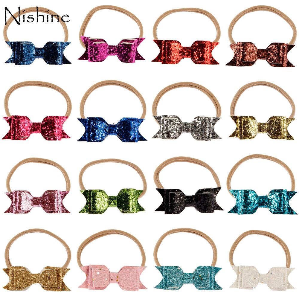 NISHINE Sequin Bow Nylon Headband Women Baby Girl Glitter Hair Bow Kids Hairband For Children Hair Accessories Toddler Headwear