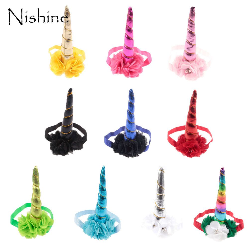 NISHINE New Unicorn Horn Headband Party Hair Headband Chiffon Flower Children Baby Girl Kids Gift Cosplay Decorative Headwear