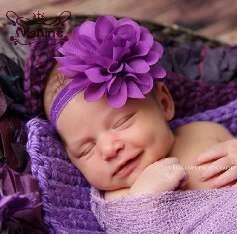 Nishine 1pcs Solid Elastic Headband Chiffon Flower Hair Band Newborn Headwear Kids Hair Accessories