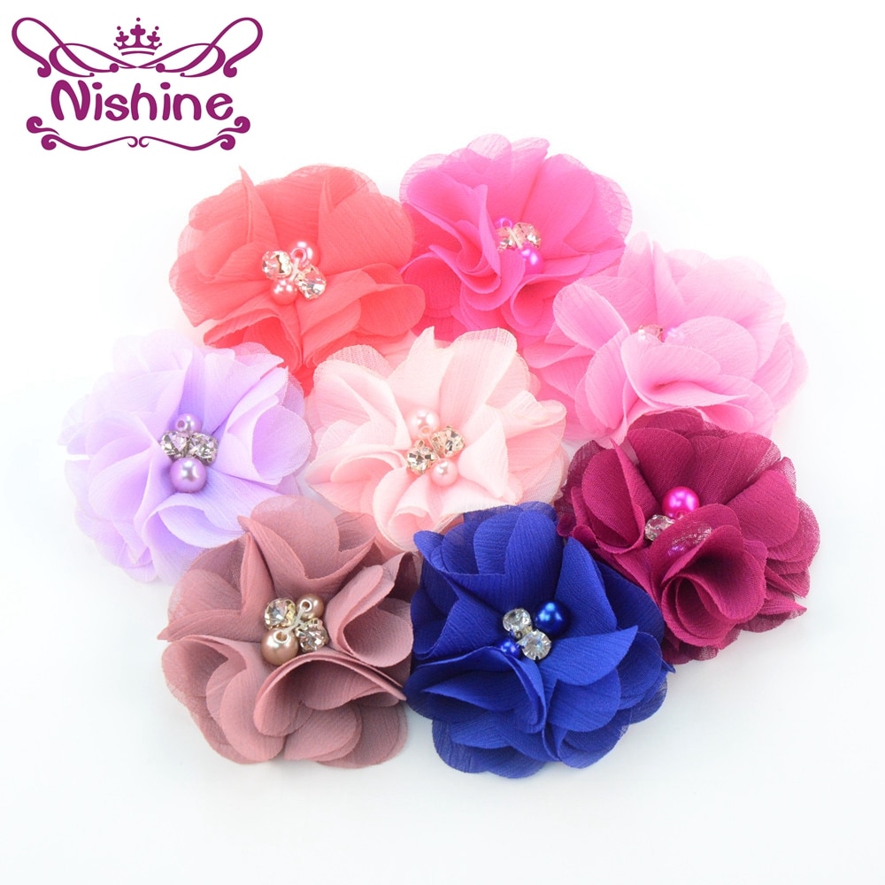 Nishine 30pcs/lot 2" Petite Ballerina Chiffon Flower With Pearl Rhinestone Center For Headwear DIY Garment Hair Accessories