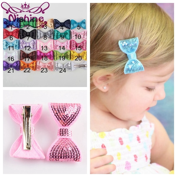 Nishine 20pcs/lot Girls 2" Embroidery Sequin Bows With Clips Knot Applique Sequin Bows Hairpins Boutique Hair Accessories