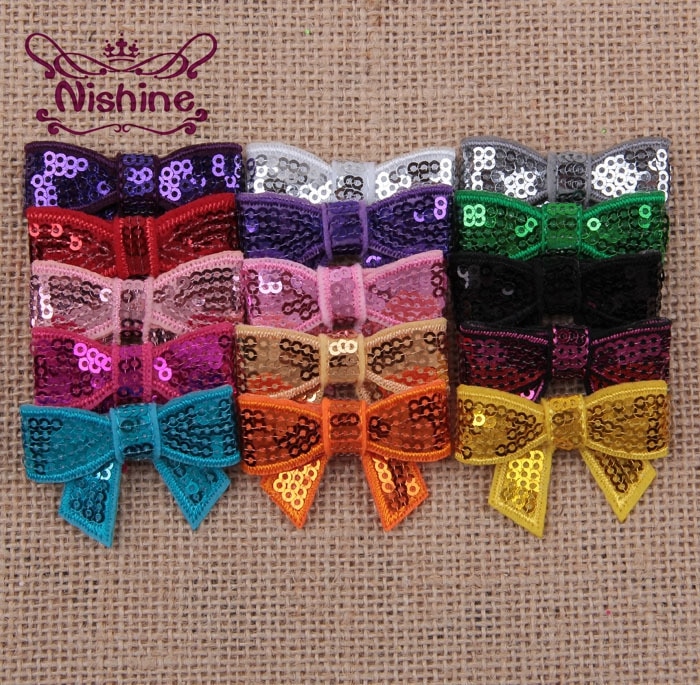 Nishine 30pcs/lot New 4cm Mini Glitter Sequin Bows DIY Hair Ribbon For Sewing Craft Headwear Hair Accessories(Color:15 Colors)