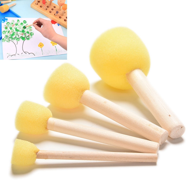4PCS DIY Wooden Sponge yellow Paint Brush Handle Painting Graffiti Kids Doodle Toys Art Children's Painting Tool Drawing To