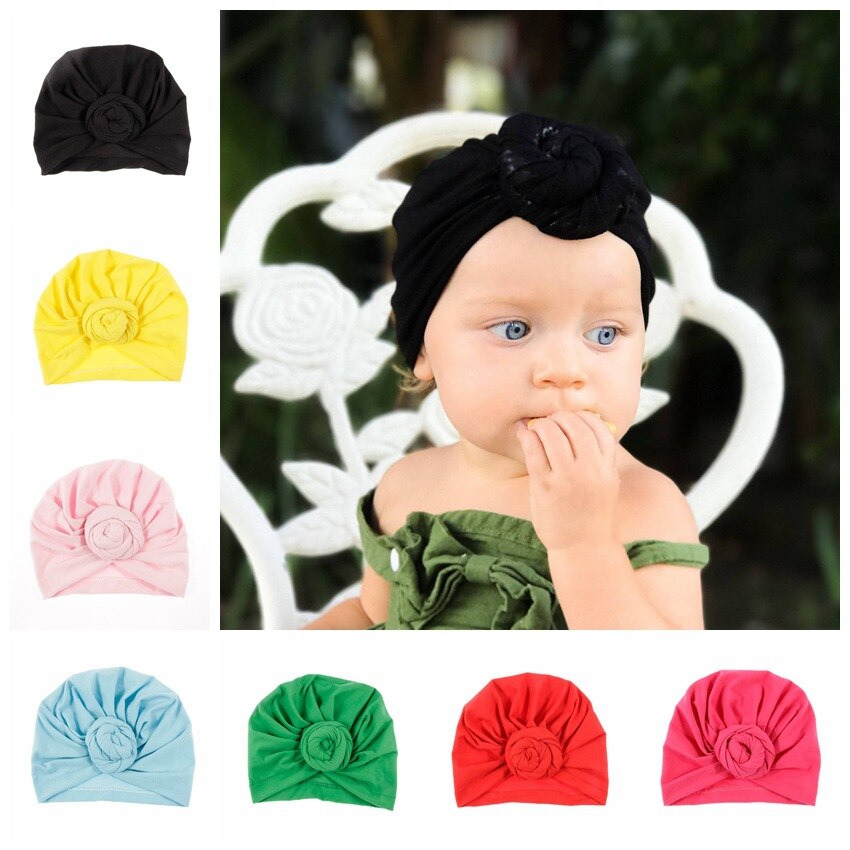 Nishine 8 Colors Newborn Baby Rose Bowknot Soft Cotton Blend Hat Caps Kids Turban Fashion Clothes Accessories Christmas Gift