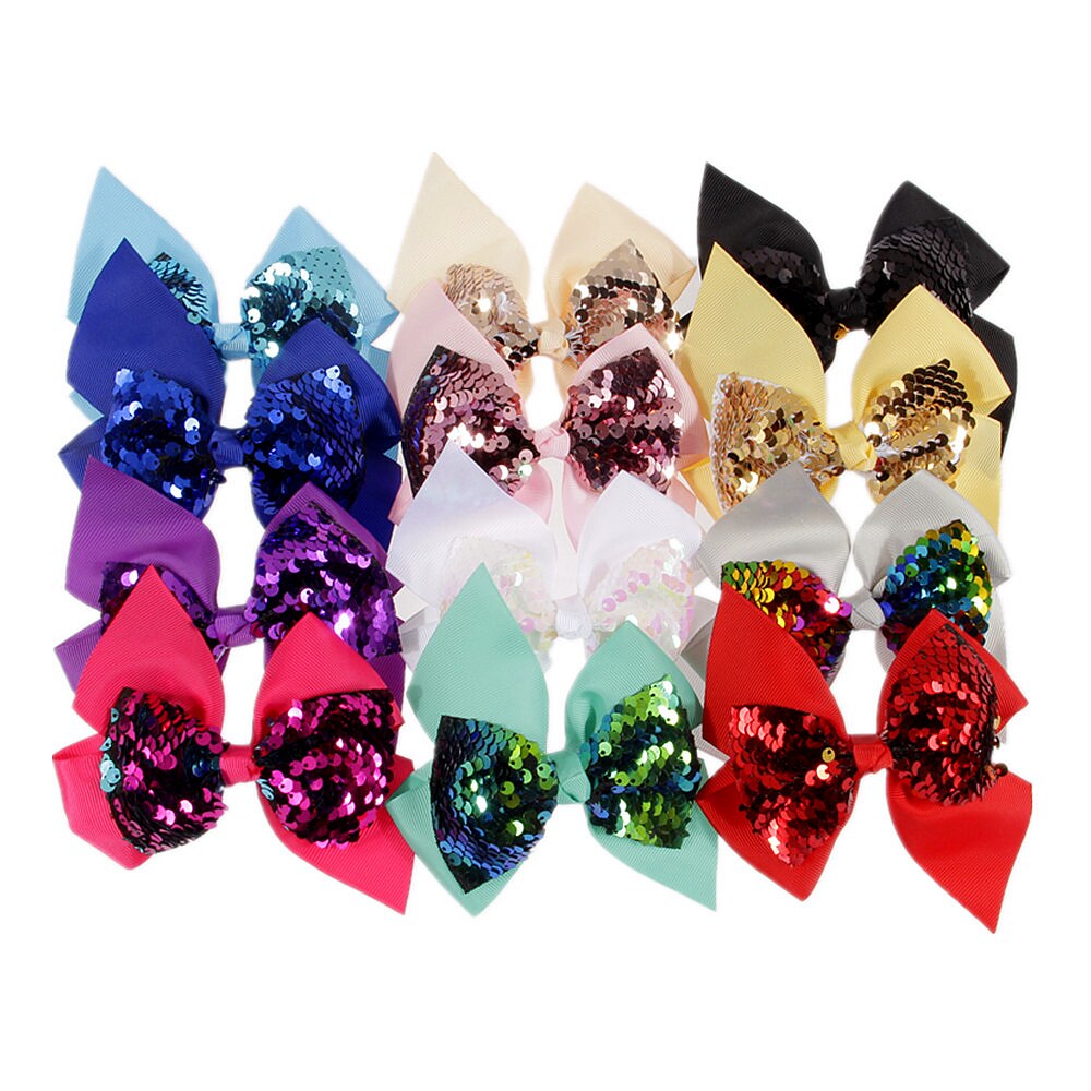 Nishine 12pcs/lot 12 Colors Ribbon Sequin Bow Clip New Baby Girls Bowknot Hairpins Boutique Hair Accessories Photography Props