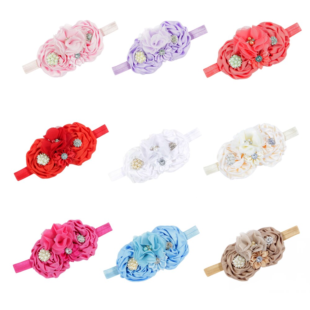 New 1PCS 10 Colors Rose Flower Baby Headband Chiffon Flowers With Pearl Rhinestone Toddle Handmade Headbands Birthday Gift