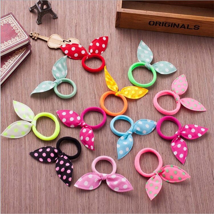 Hotsale 10Pcs/lot Children Hair Band Cute Dot Bow Rabbit Ears Headband Girl Ring Scrunchy Kids Ponytail Holder Hair Accessories