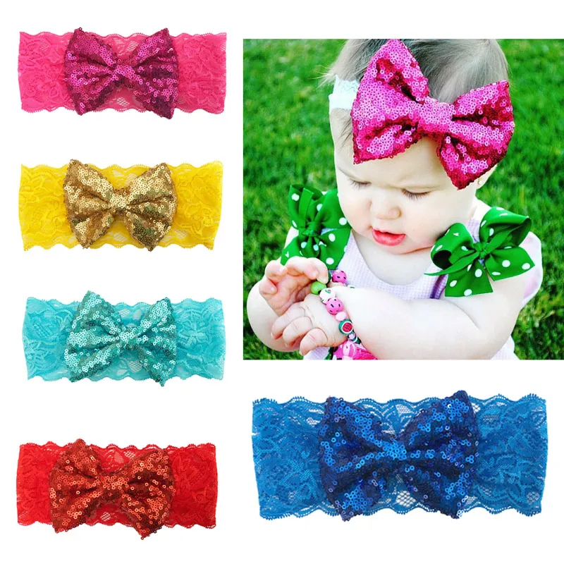 Kids Baby Girl Sequin Bowknot Lace Headband Hair Band Twinkling Turban Headband Headwrap Hair Accessories 1pc Bling Bow Headband