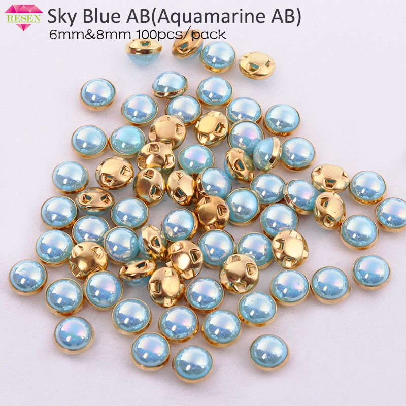 RESEN Top Grade Gold Nähen Perle Perle Sky Blue AB 6mm 8mm Mix Farbe Klaue Strass Nähen Auf perlen